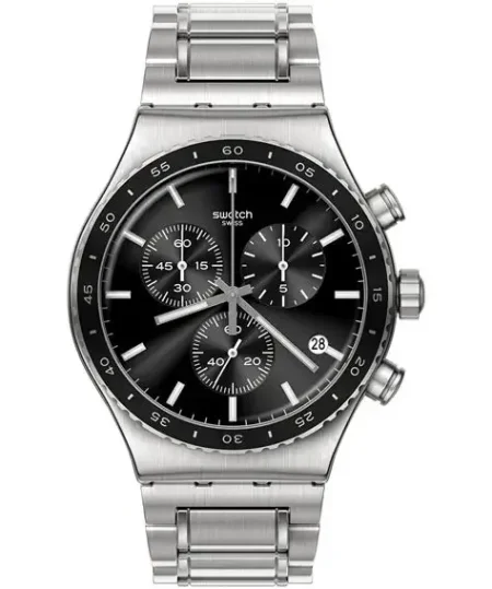 Swatch Great Outdoor Chronograph Silver Stainless Steel Watch with Black Dial for Men